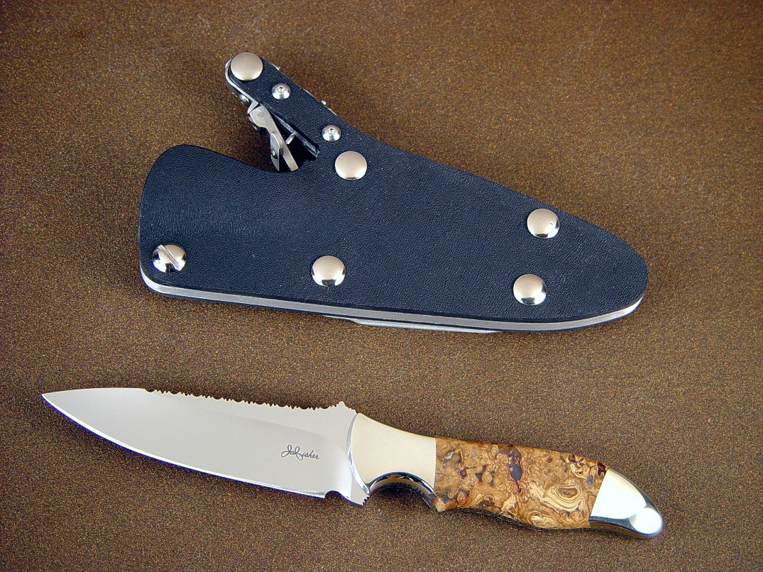 "Calisto" custom handmade knife, obverse side view, 440C stainless steel blade, nickel silver bolsters, Fossilized Cretaceous Algae gemstone handle, locking kydex, aluminum, stainless steel sheath