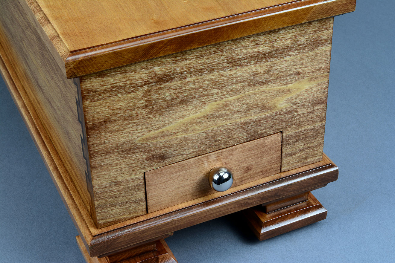 "Concordia and Sanchez" hardwood case detail, side sharpener drawer view in maple, American black walnut, bird's eye maple, and 304 austenitic stainless steel fittings