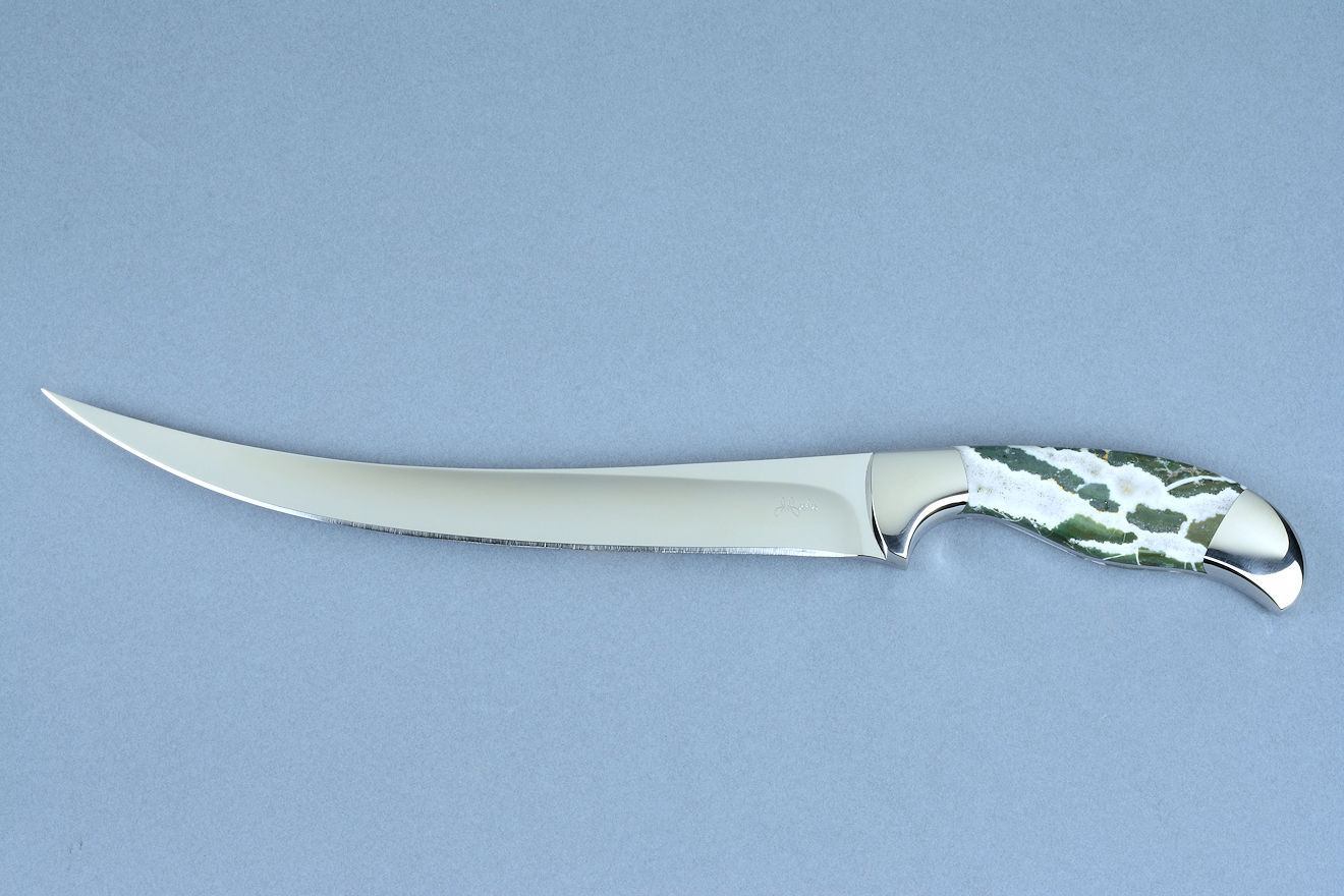 "Falcate" Chef's Knife, obverse side view in 440C high chromium martensitic stainless steel blade, 304 stainless steel bolsters, Green Zebra Bloodstone gemstone handle