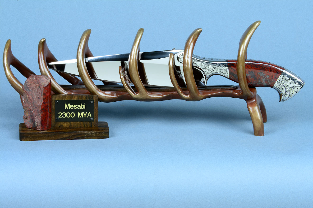 "Mesabi" custom knife sculpture in hand-cast bronze, 440C high chromium stainless steel blade, 304 hand-engraved stainless steel bolsters, Fossilized Stromatolite Chert gemstone