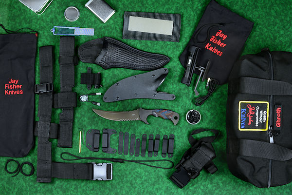 "Ghroth" tactical knife kit, complete, with UBLX, EXBLX, HULA, LIMA, diamond sharpener, leather sheath, sternum harness, lanyards, staps, clamps, hardware, and heavy ballistic nylon duffle