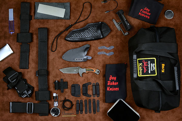 "Krag" tactical knife kit, complete, with UBLX, EXBLX, HULA, LIMA, diamond sharpener, leather sheath, sternum harness, lanyards, staps, clamps, hardware, and heavy ballistic nylon duffle