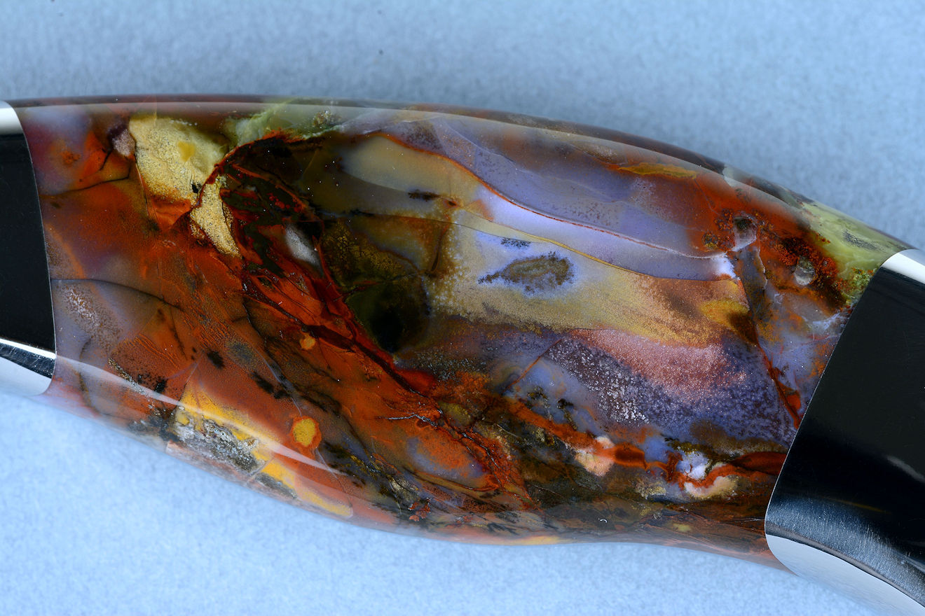 Majestic Agate gemstone handle on knife, chalcedony with greens, reds, browns, purples, pinks, and oranges with black and dedtritic forms