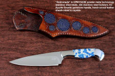 "Andromeda" obverse side view in T3 deep cryogenically treated CPM 154CM powder metal technology high molybdenum stainless steel blade, 304 stainless steel bolsters, K2 Azurite Granite gemstone handle, hand-carved leather sheath inlaid with blue rayskin