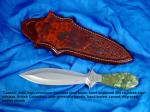 "Cassini" athame dagger: 440C stainless steel blade, hand-engraved 304 stainless steel bolsters, British Colombian Jade handle, hand-carved and tooled, engraved leather sheath