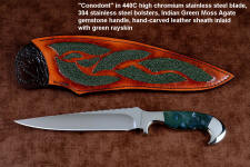 "Conodont" custom knife, obverse side view in 440C high chromium T3 cryogenic treated stainless steel blade, 304 stainless steel bolsters, Indian Green Moss Agate gemstone handle, hand-carved, hand-dyed leather sheath inlaid with rayskin