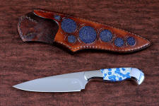 "Andromeda" obverse side view in T3 deep cryogenically treated CPM 154CM powder metal technology high molybdenum stainless steel blade, 304 stainless steel bolsters, K2 Azurite Granite gemstone handle, hand-carved leather sheath inlaid with blue rayskin