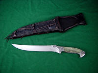 Astarion in 440C stainless blade steel, 304 stainless steel bolsters, Nephrite Jade, Moss Agate gemstone handle, Ostrich leg skin sheath