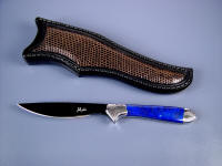 Clarau in blued O-1 blade steel, 304 stainless bolsters, Lapis Lazulii gemstone, lizard skin sheath