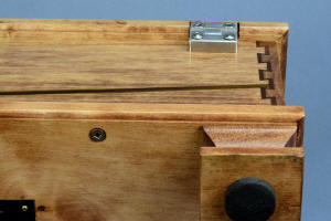 "Concordia and Sanchez" hardwood case bottom and hinge view in maple, bird's eye maple, American Black walnut, 304 stainless steel