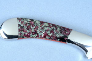 "Sanchez" reverse side gemstone handle detail in Eudialite gemstone from Russia, 304 austenitic stainless steel bolsters