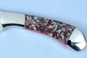 "Sanchez" obverse side gemstone handle detail in Eudialite gemstone from Russia, 304 austenitic stainless steel bolsters