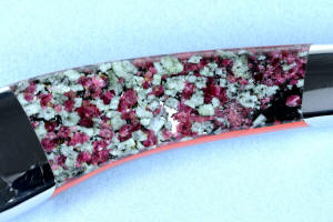 "Sanchez" Eudialite and Red River Jasper gemstone handle close up magnification detail