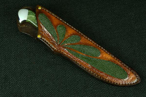 "Opere" Custom Knife, sheathed view in T4 cryogenically treated CPM 154CM powder metal stainless steel blade, 304 stainless steel bolsters, Nephrite Jade gemstone handle, hand-carved leather sheath inlaid with green rayskin