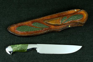 "Opere" Custom Knife, reverse side view in T4 cryogenically treated CPM 154CM powder metal stainless steel blade, 304 stainless steel bolsters, Nephrite Jade gemstone handle, hand-carved leather sheath inlaid with green rayskin