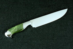 "Opere" Custom Knife, reverse side knife view in T4 cryogenically treated CPM 154CM powder metal stainless steel blade, 304 stainless steel bolsters, Nephrite Jade gemstone handle, hand-carved leather sheath inlaid with green rayskin