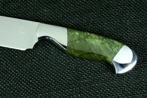 "Opere" Custom Knife, obverse side gemstone handle view in T4 cryogenically treated CPM 154CM powder metal stainless steel blade, 304 stainless steel bolsters, Nephrite Jade gemstone handle, hand-carved leather sheath inlaid with green rayskin