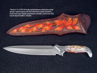 "Kotori" in ATS-34 high molybdenum stainless steel blade, hand-engraveds 304 stainless steel bolsters, Carnival Lace Agate gemstone handle, hand-carved, hand-dyed leather sheath