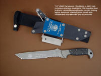 "PJ" fine handmade custom CSAR knife, obverse side view in 440C high chromium stainless steel blade, 304 stainless steel bolsters, canvas micarta phenolic handle, locking kydex, aluminum, stainless steel sheath with ultimate belt loop extender and accessories