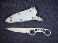 "Shank" obverse side view, tactical knife in ATS-34 high molybdenum stainless steel blade, milled and bead blasted, locking kydex, aluminum, stainless steel, blued steel sheath