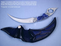 "Raptor" version "Tunguska" kerambit in 440c high chromium stainless steel blade, hand-engraved 304 stainless bolsters, Sodalite gemstone handle, blue stingray skin inlaid in leather sheath