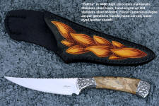 "Talitha" obverse side view in 440c high chromium stainless steel blade, hand-engraved 304 stainless steel bolsters, Fossil Cretaceous Algae Jasper gemstone handle, hand-carved, hand-dyed leather sheath